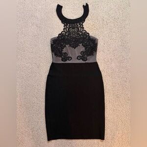 Lipsy London bodycon skirt dress with halter lace on net top